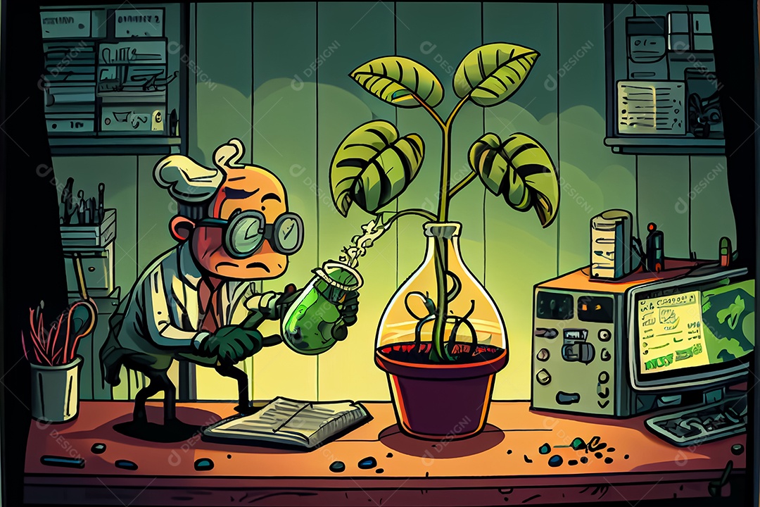 Ciência dos desenhos animados experimentando pesquisa de plantas Na sala de ciências Dia Nacional da Ciência