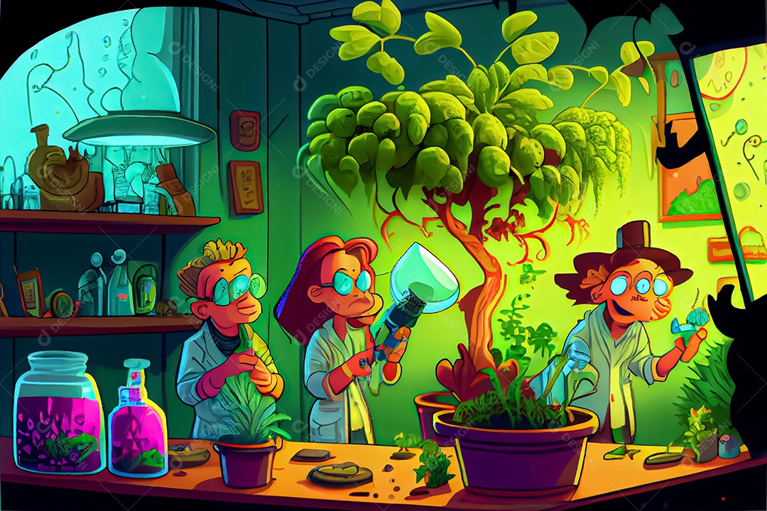 Ciência dos desenhos animados experimentando pesquisa de plantas Na sala de ciências Dia Nacional da Ciência