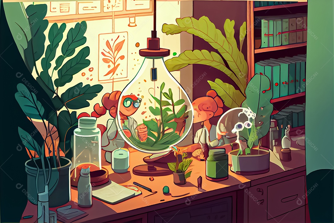 Ciência dos desenhos animados experimentando pesquisa de plantas Na sala de ciências Dia Nacional da Ciência