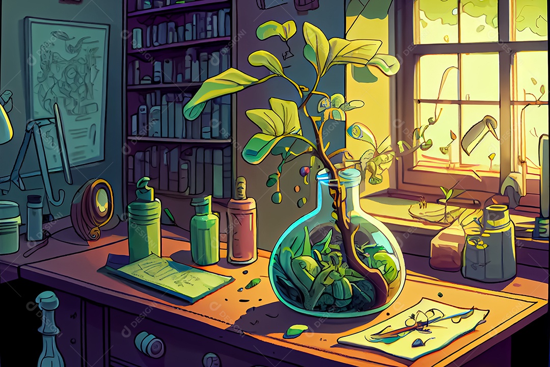 Ciência dos desenhos animados experimentando pesquisa de plantas Na sala de ciências Dia Nacional da Ciência