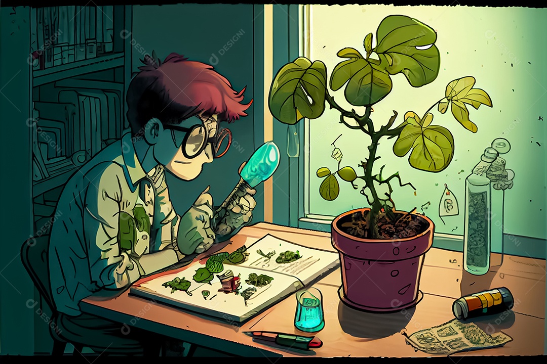 Ciência dos desenhos animados experimentando pesquisa de plantas Na sala de ciências Dia Nacional da Ciência