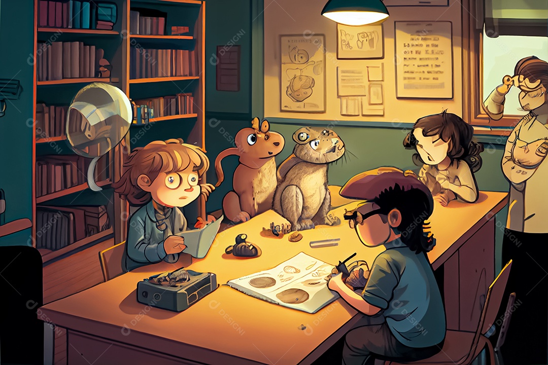 Desenhos infantis fazendo pesquisas com animais na sala de ciências Dia Nacional da Ciência