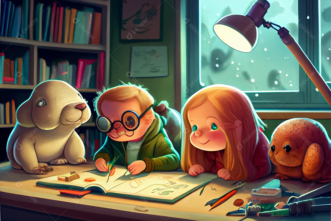 Desenhos infantis fazendo pesquisas com animais na sala de ciências Dia Nacional da Ciência