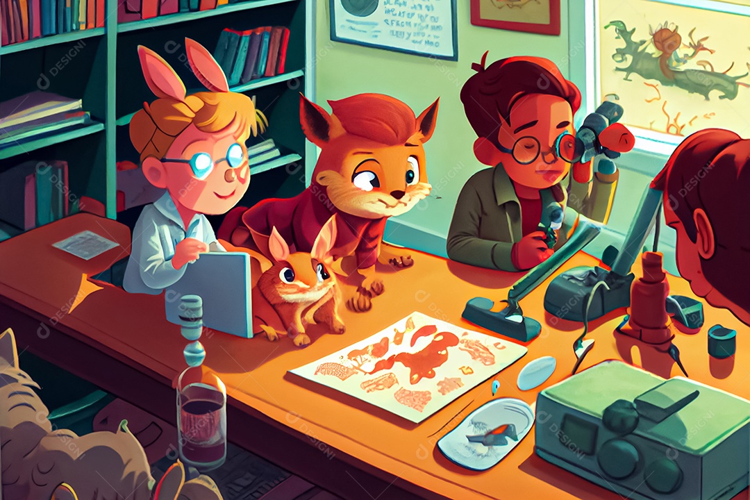 Desenhos infantis fazendo pesquisas com animais na sala de ciências Dia Nacional da Ciência