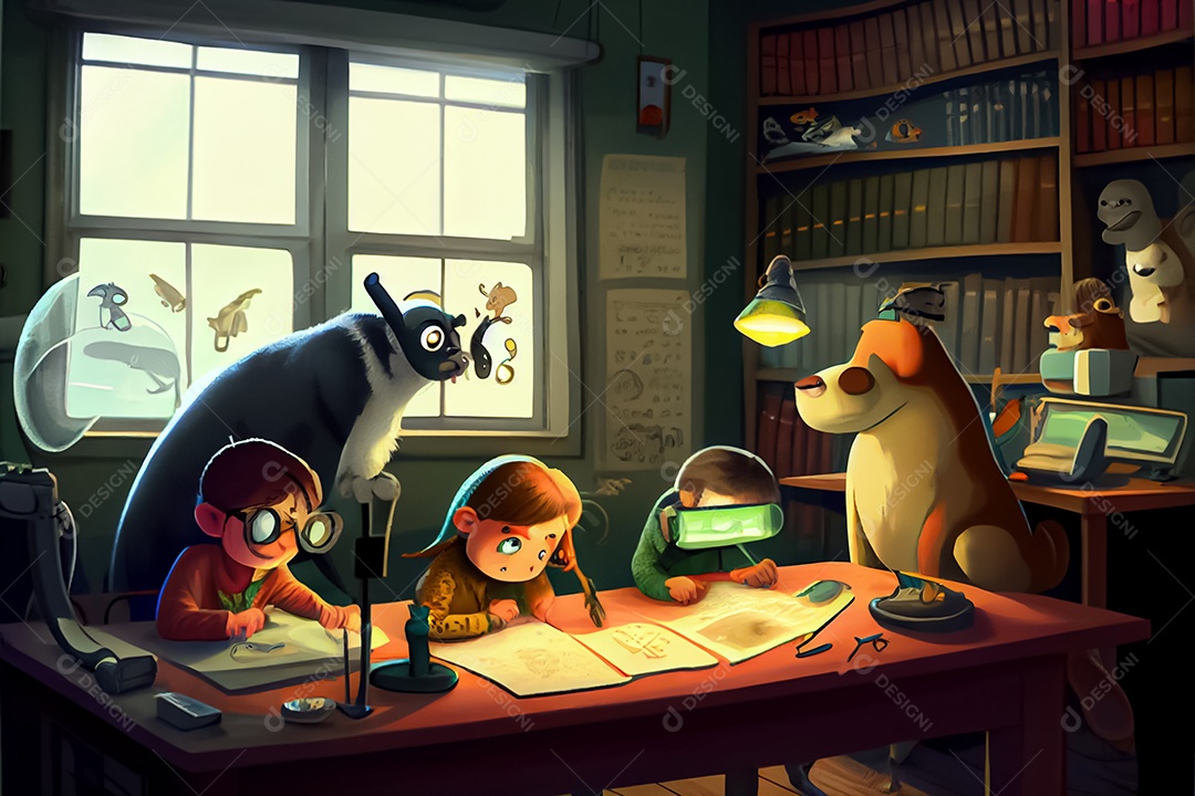 Desenhos infantis fazendo pesquisas com animais na sala de ciências Dia Nacional da Ciência