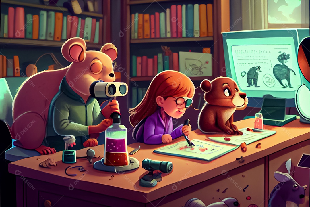 Desenhos infantis fazendo pesquisas com animais na sala de ciências Dia Nacional da Ciência