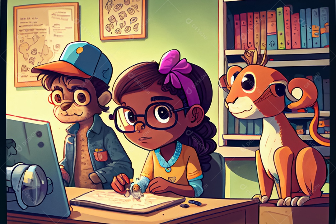 Desenhos infantis fazendo pesquisas com animais na sala de ciências Dia Nacional da Ciência