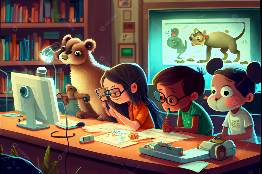 Crianças de desenho animado fazendo experimentos pesquisando germes na sala de ciências