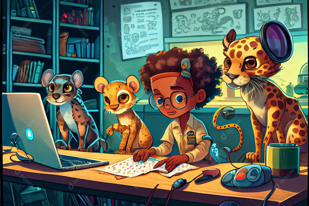 Crianças de desenho animado fazendo experimentos pesquisando germes na sala de ciências