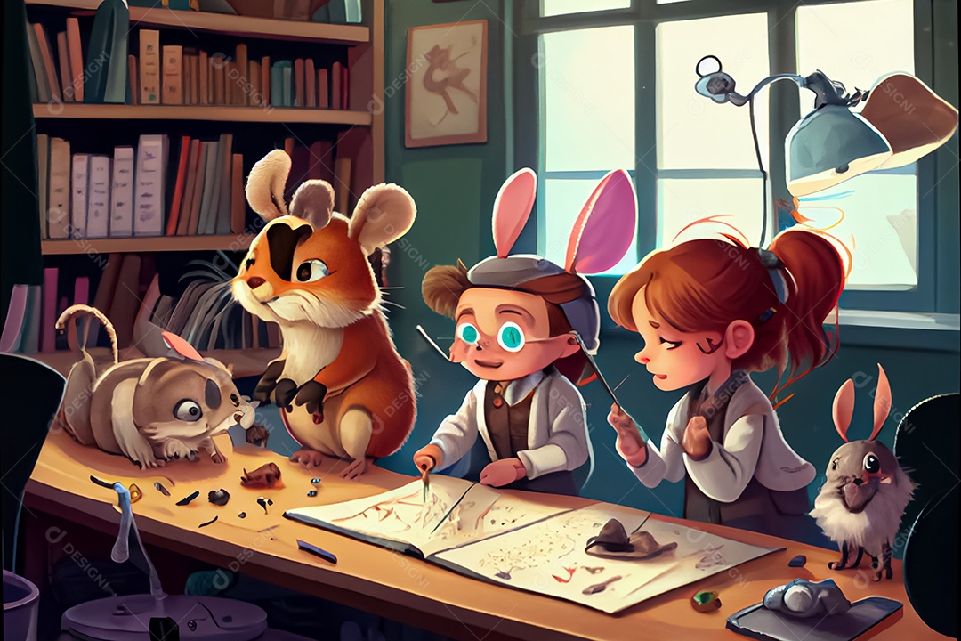 Crianças de desenho animado fazendo experimentos pesquisando germes na sala de ciências