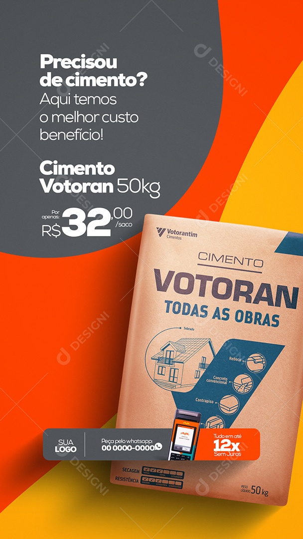 Precisou de Cimento? Materiais de Construção Story Social Media PSD Editável