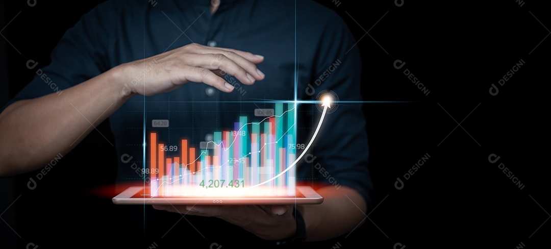 Gráfico de gráfico de tela virtual de negócios gráfico de marketing de finanças digitais com tecnologia futura e investimento comercial on-line do comerciante no mercado de ações.