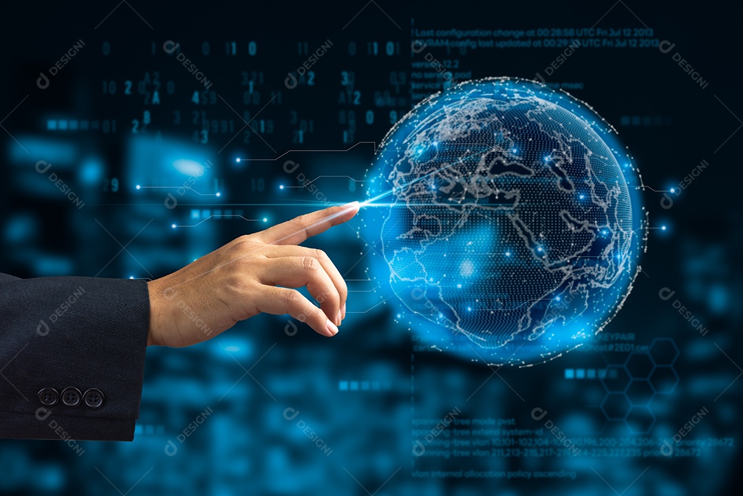 Comunicação digital e conceito de tecnologia virtual WEB 3.0.hand touch globo internet.Business marketing conceito metaverse e big data.