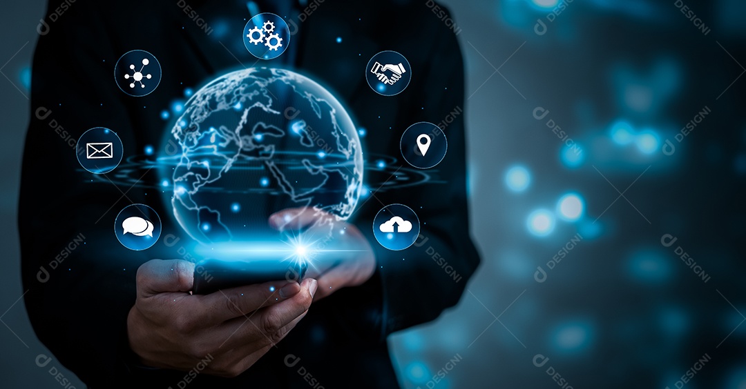 Comunicação digital e conceito de tecnologia virtual WEB 3.0.hand touch globo internet.Business marketing conceito metaverse e big data.