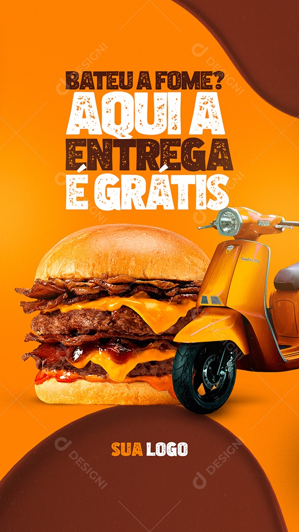 Bateu a Fome? Aqui a Entrega é Grátis Hamburgueria Delivery Social Media PSD Editável