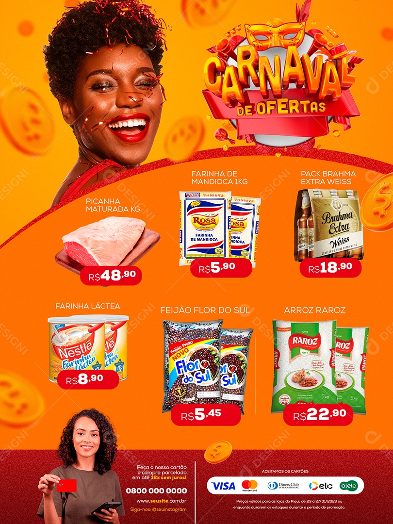Encarte Carnaval de Ofertas Supermercado Social Media PSD Editável