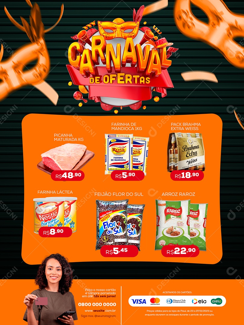 Encarte Carnaval de Ofertas Supermercado Social Media PSD Editável