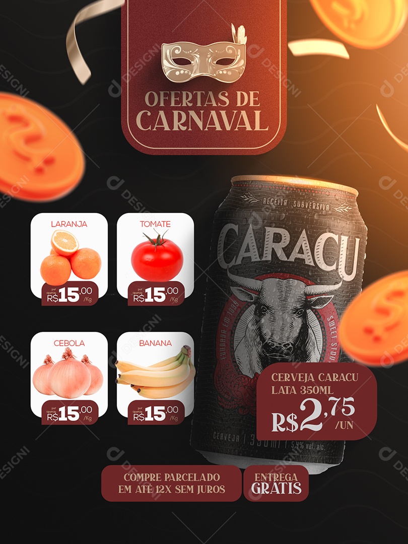 Encarte Ofertas de Carnaval Cerveja Caracu Supermercado Social Media PSD Editável