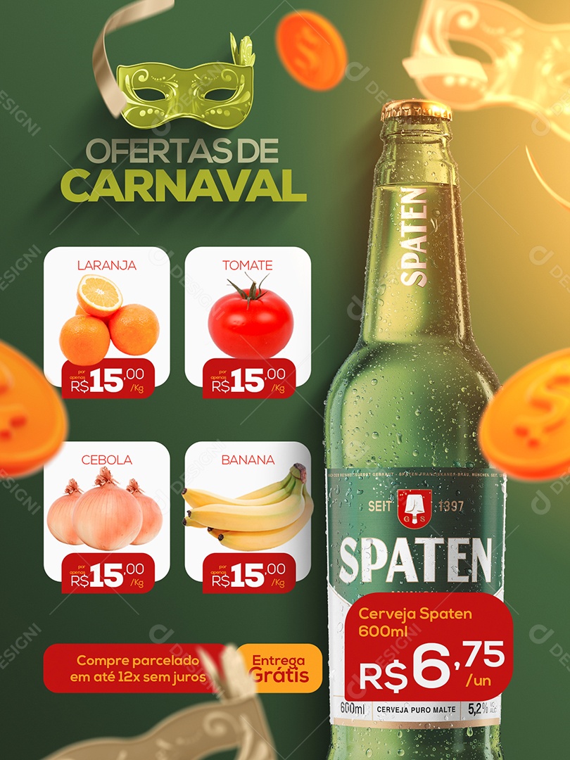 Encarte Ofertas de Carnaval Cerveja Spaten Supermercado Social Media PSD Editável