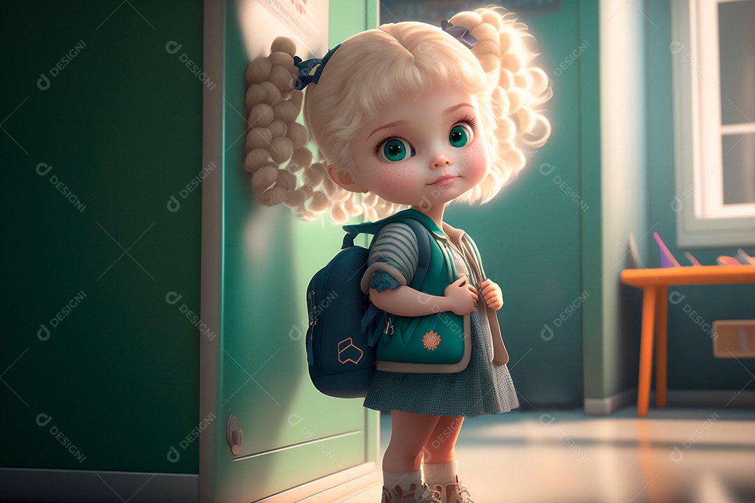 Loirinha dos desenhos animados sorridente ilustração com mochila indo para a escola. IA gerada. Conceito de educação escolar