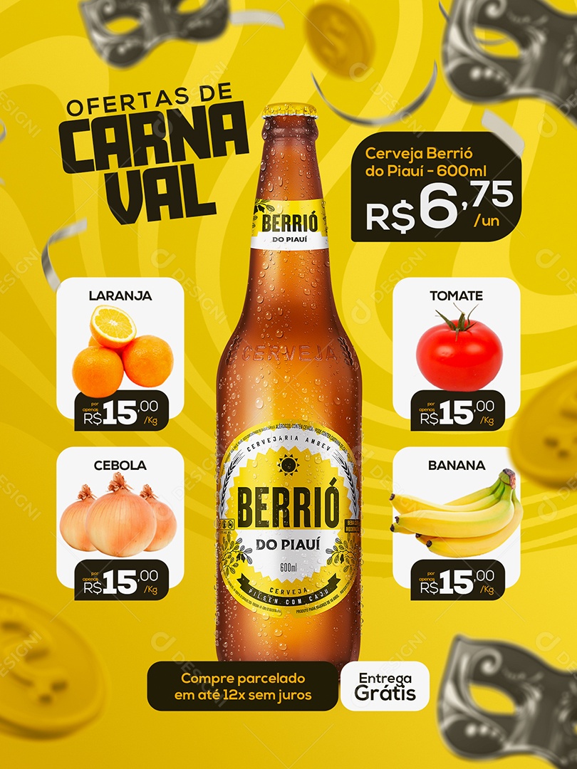 Encarte Ofertas de Carnaval Cerveja Berrió Supermercado Social Media PSD Editável