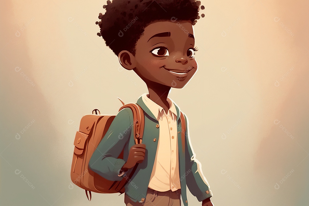 Desenho de menino afro-americano sorrindo ilustração com mochila indo para a escola. IA gerada. Conceito de educação escolar