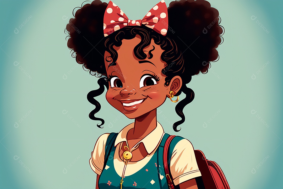 Ilustração sorridente dos desenhos animados de menina afro-americana com mochila indo para a escola. IA gerada. Conceito de educação escolar