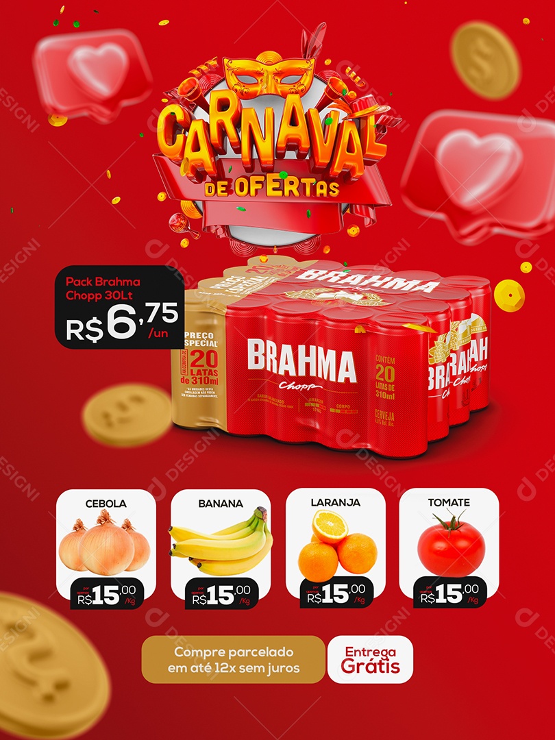 Encarte Carnaval de Ofertas Pack Brahma Chopp Supermercado Social Media PSD Editável