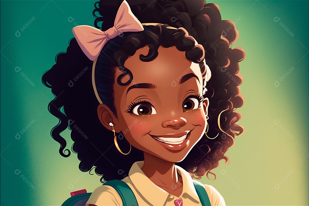 Ilustração sorridente dos desenhos animados de menina afro-americana com mochila indo para a escola. IA gerada. Conceito de educação escolar