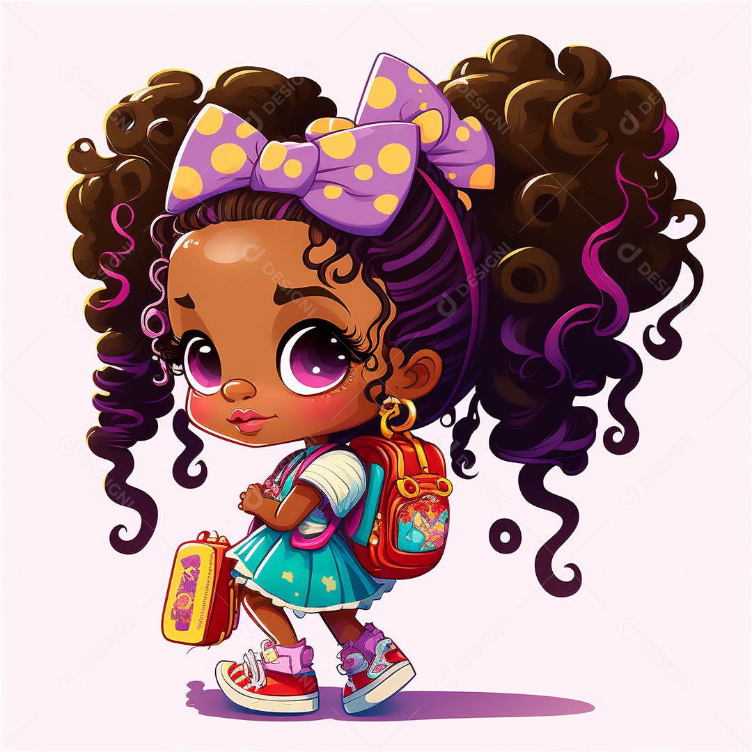 Ilustração sorridente dos desenhos animados de menina afro-americana com mochila indo para a escola. IA gerada. Conceito de educação escolar