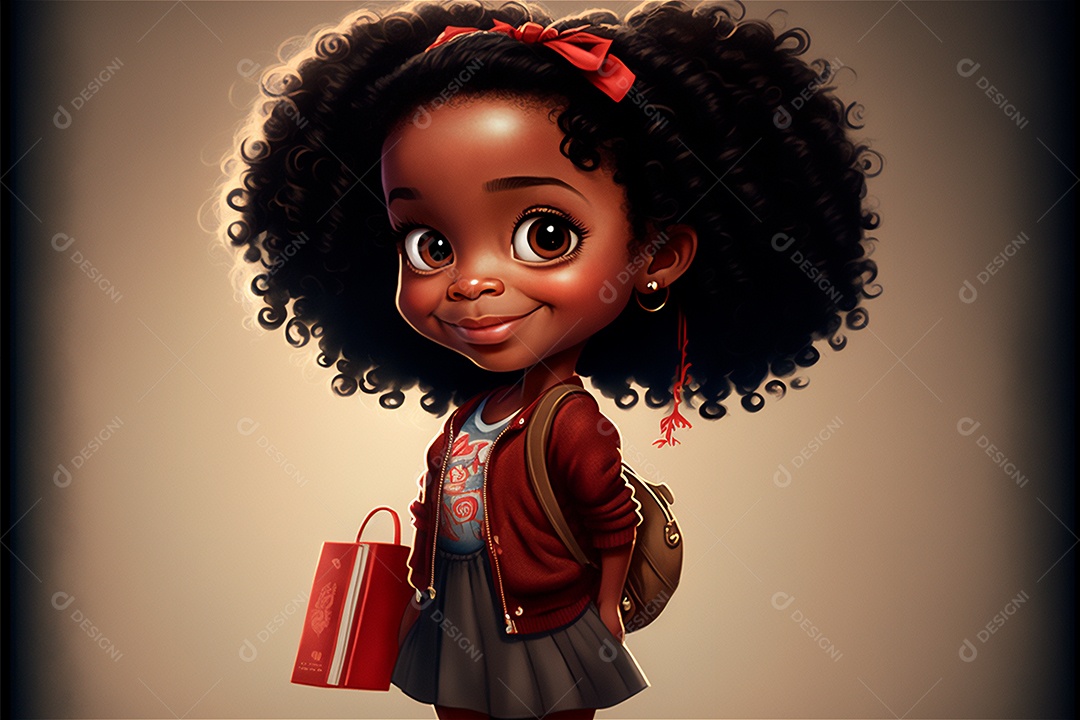 Ilustração sorridente dos desenhos animados de menina afro-americana com mochila indo para a escola. IA gerada. Conceito de educação escolar