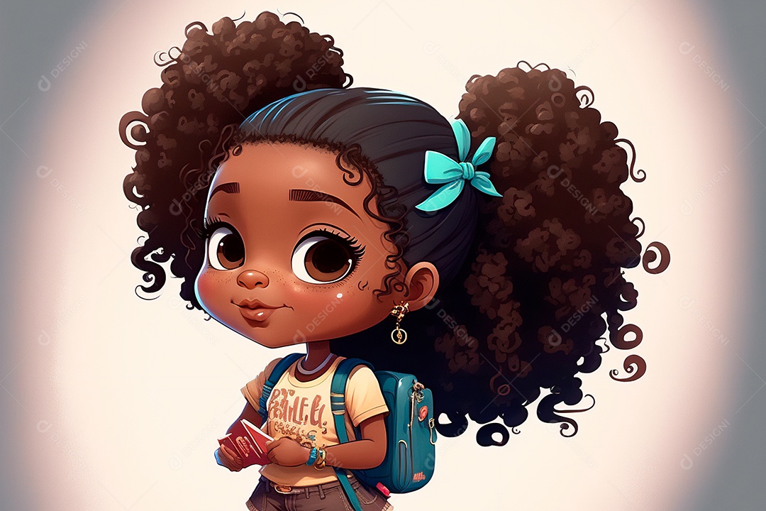 Ilustração sorridente dos desenhos animados de menina afro-americana com mochila indo para a escola. IA gerada. Conceito de educação escolar