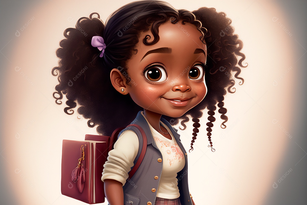 Ilustração sorridente dos desenhos animados de menina afro-americana com mochila indo para a escola. IA gerada. Conceito de educação escolar