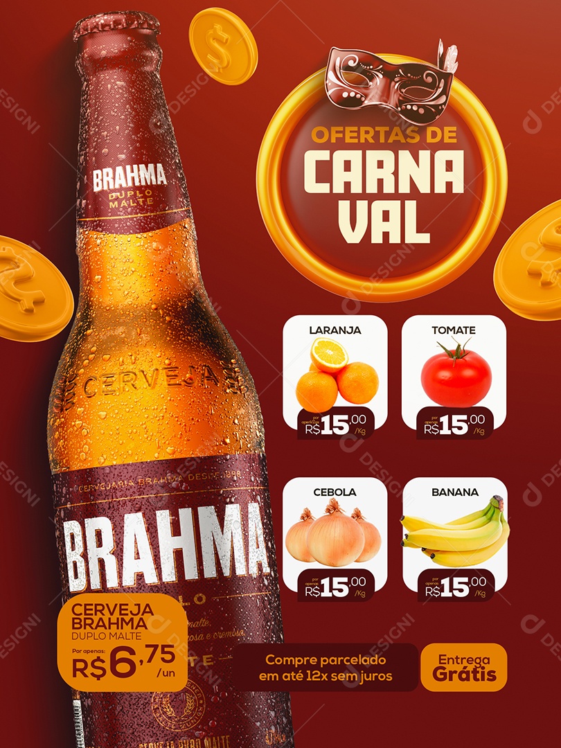 Encarte Ofertas de Carnaval Cerveja Brahma Supermercado Social Media PSD Editável