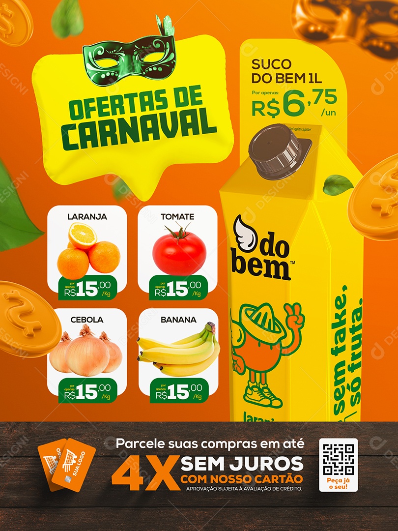 Encarte Ofertas de Carnaval Suco do Bem 1L Supermercado Social Media PSD Editável