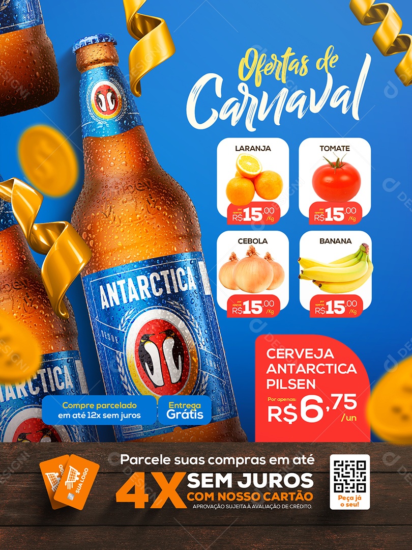 Encarte Ofertas de Carnaval Cerveja Antarctica Supermercado Social Media PSD Editável