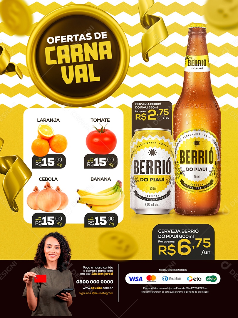 Encarte Ofertas de Carnaval Cerveja Supermercado Social Media PSD Editável