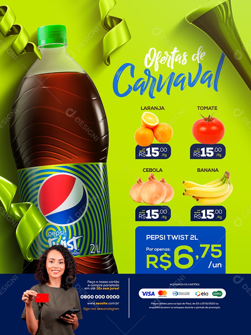 Encarte Ofertas de Carnaval Refrigerante Supermercado Social Media PSD Editável