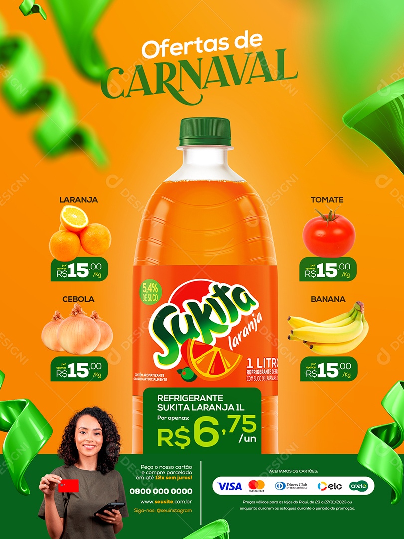 Encarte Ofertas de Carnaval Refrigerante Supermercado Social Media PSD Editável