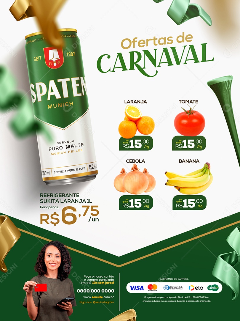 Encarte Ofertas de Carnaval Supermercado Social Media PSD Editável