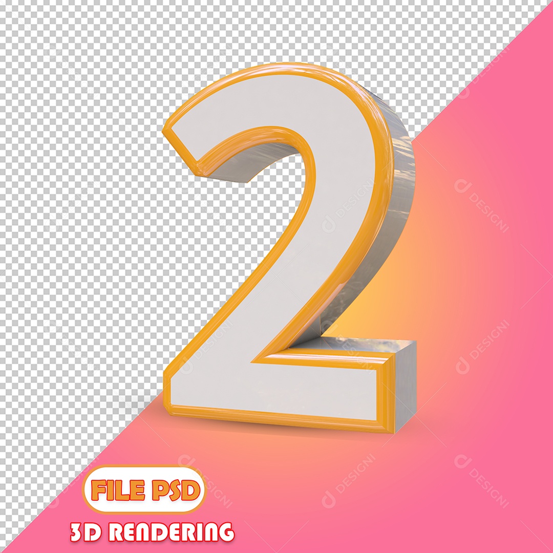 Número 2 3D Cinza e Dourado Elemento para Composição PSD