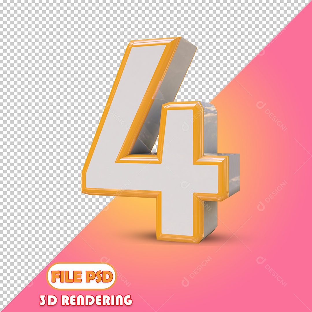Número 4 3D Cinza e Dourado Elemento para Composição PSD