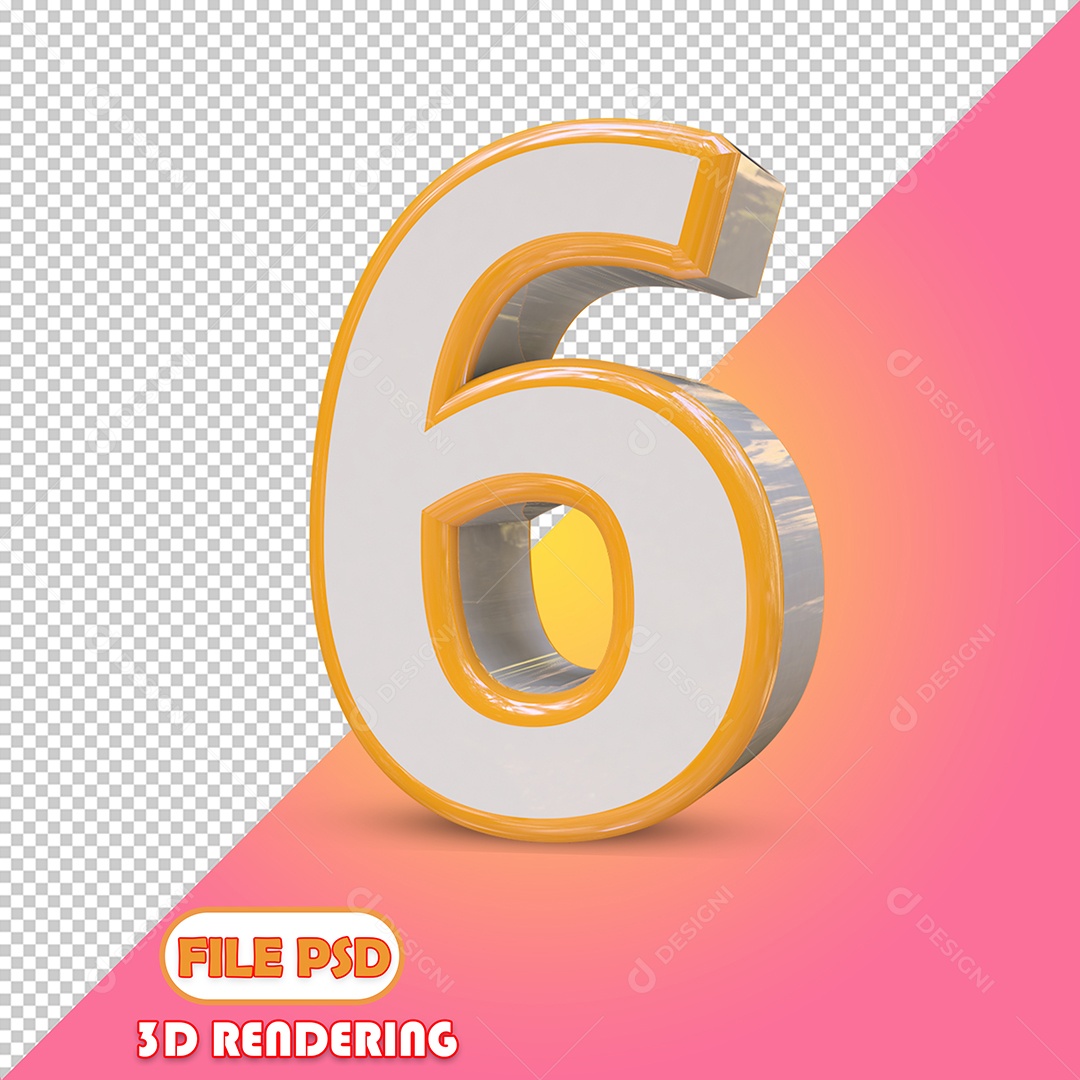 Número 6 3D Cinza e Dourado Elemento para Composição PSD