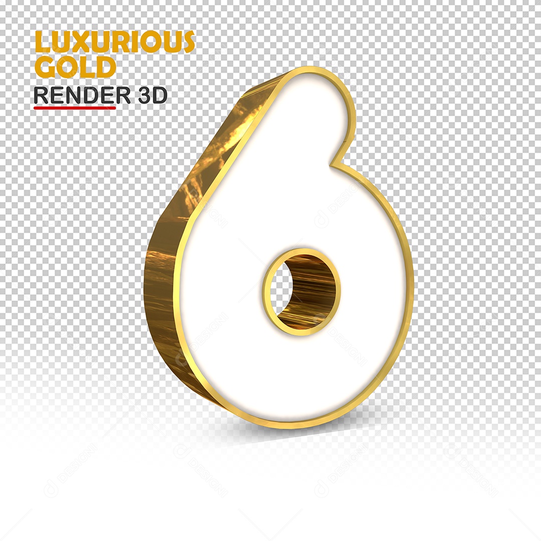 Número 6 3D Ouro Luxuoso Elemento para Composição PSD