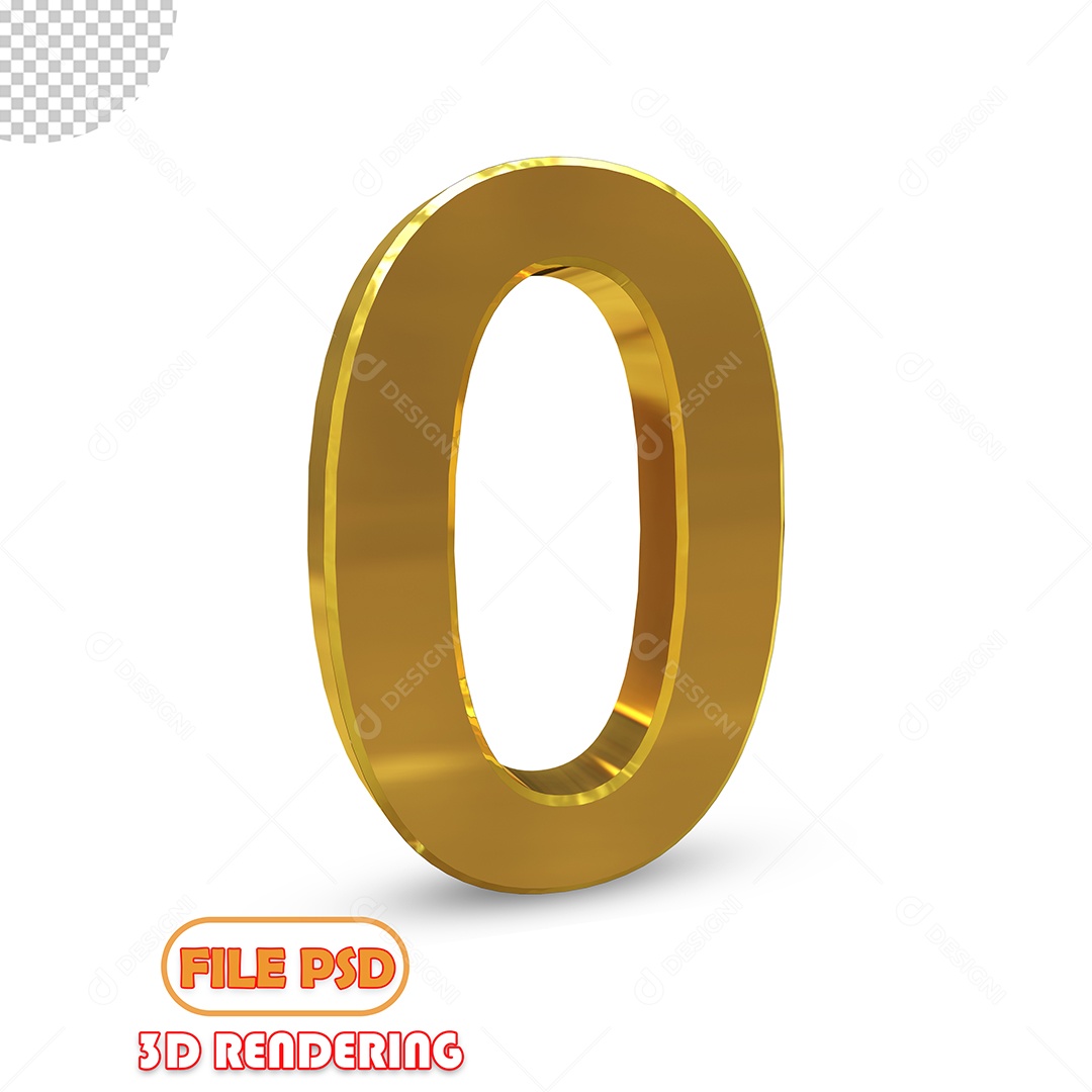 Número 0 3D Dourado Luxuoso Elemento para Composição PSD