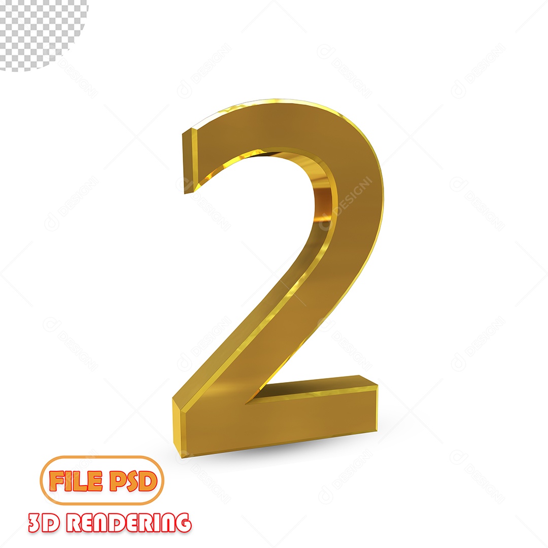 Número 2 3D Dourado Luxuoso Elemento para Composição PSD