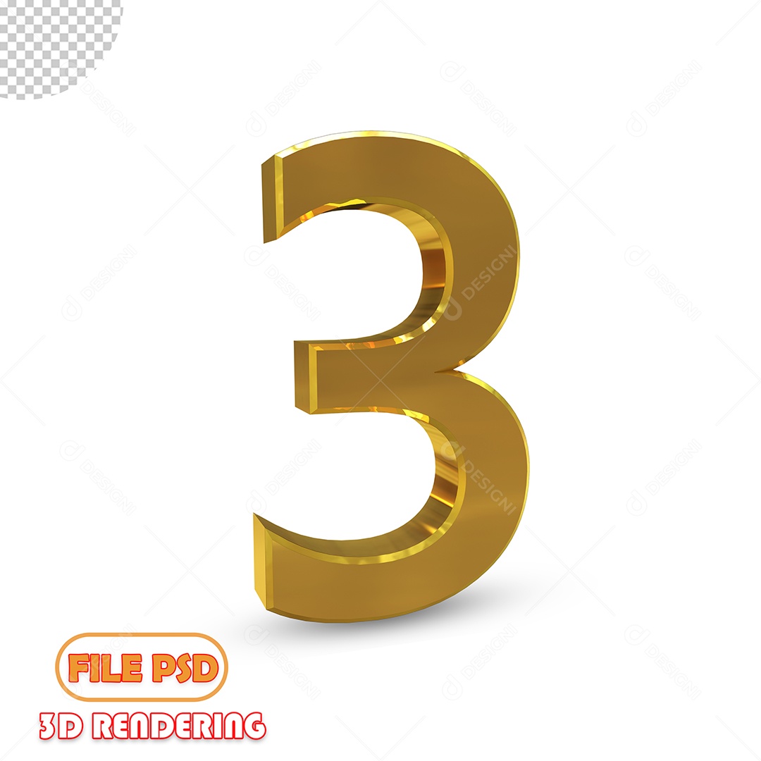 Número 3 3D Dourado Luxuoso Elemento para Composição PSD