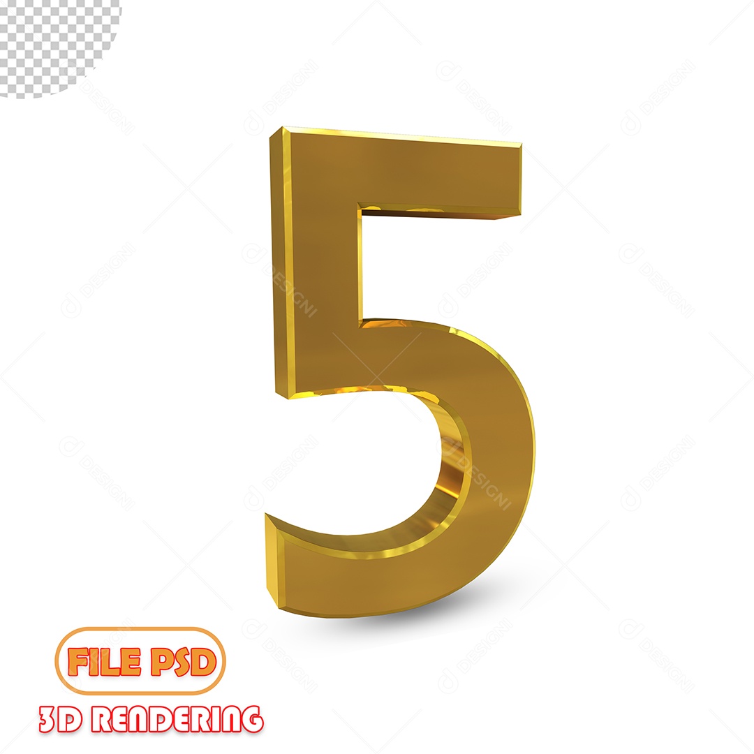 Número 5 3D Dourado Luxuoso Elemento para Composição PSD