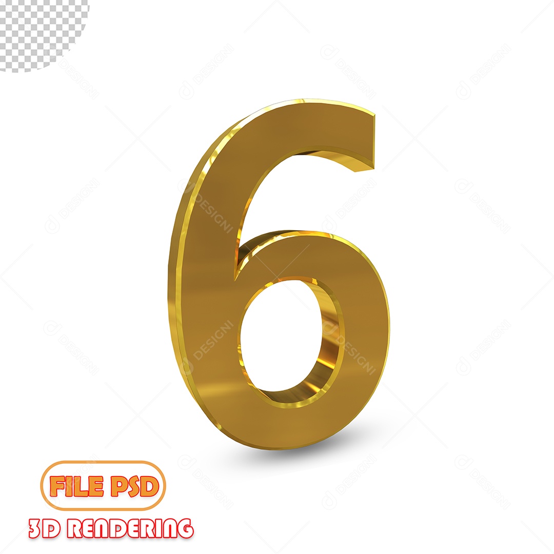 Número 6 3D Dourado Luxuoso Elemento para Composição PSD