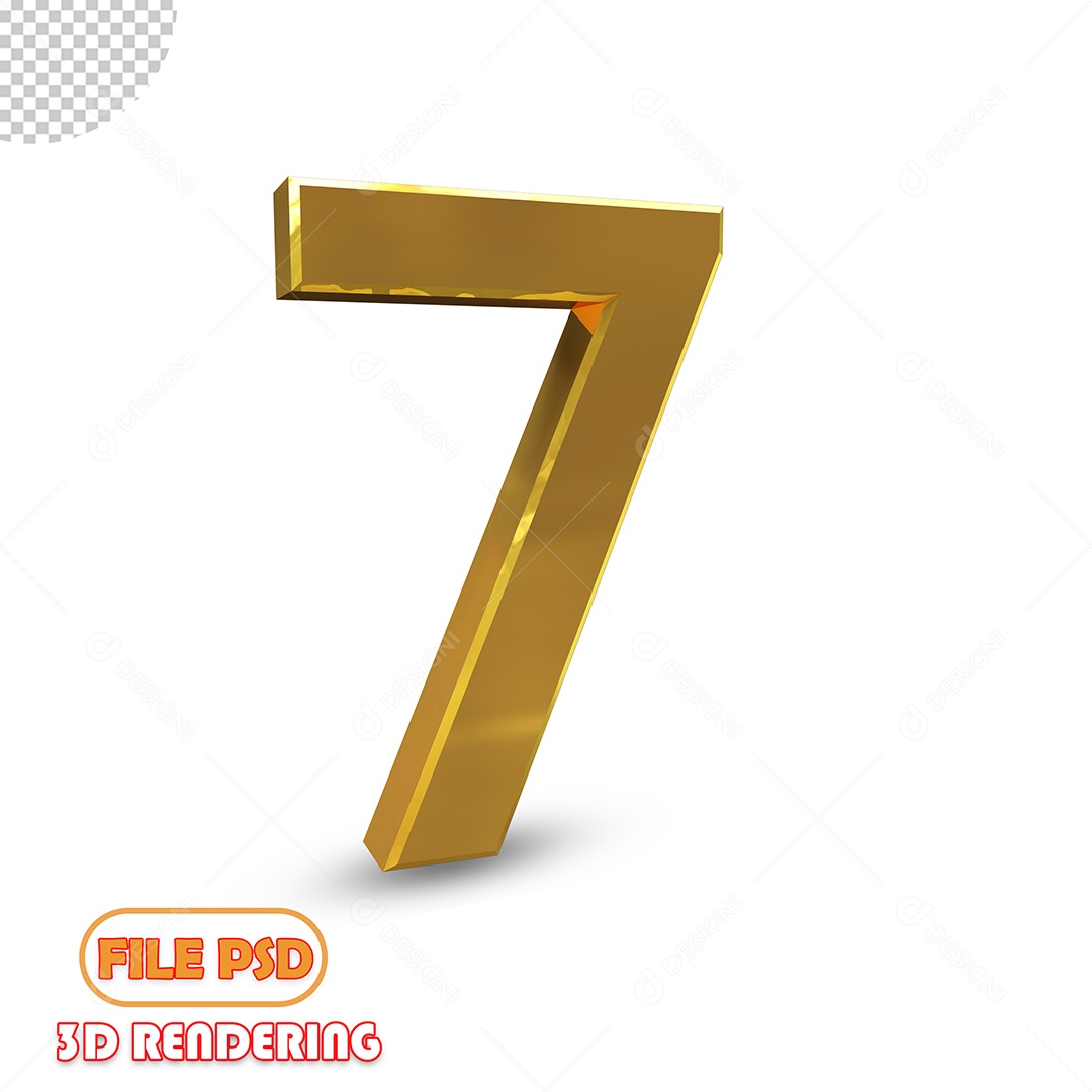 Número 7 3D Dourado Luxuoso Elemento para Composição PSD